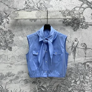 Early Spring Sleeveless Lapel Shirt Vest with Tie Decoration 2025 New Luxury Solid Color Letter Top Women