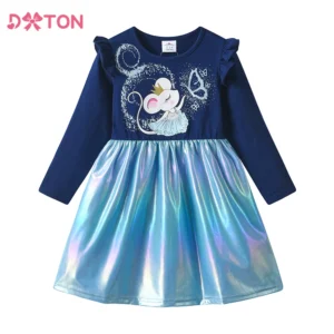 DXTON New Children's Casual Dress Winter Girls Clothing Squirrel Butterfly Cartoon Kids Dresses Patchwork Toddler Dress Costumes