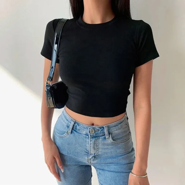 Short Sleeve T-Shirt Women Solid Simple Casual Soft All-Match Basic Crop Tops Tees Summer Fashion Skinny Tops Black White - Image 2