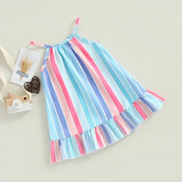 Kids Infant Baby Girls Summer Sleeveless Dress Vertical Stripe Print Ruffle Hem Casual Spaghetti Strap Dress 6M-4T - Image 2