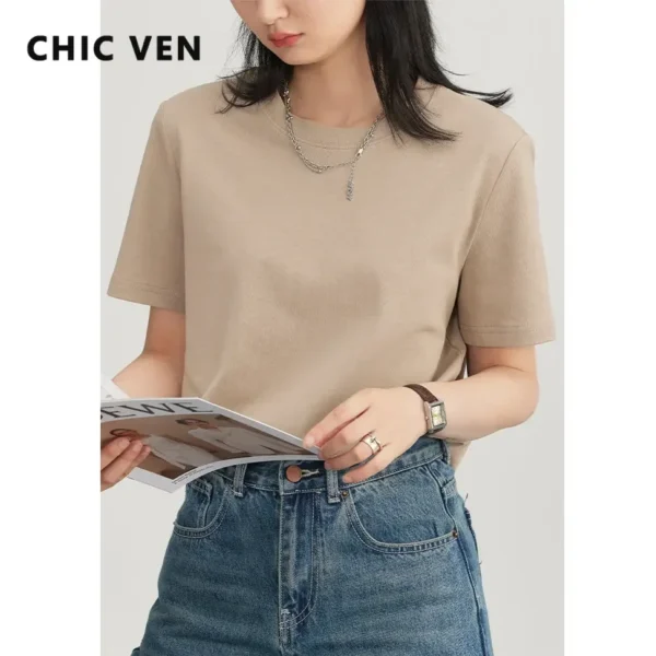 CHIC VEN Women's Tees Basic O Neck Short Sleeve Pullover T-shirt for Woman Solid Female Top Casual Ladies Tshirt Summer 2024 - Image 3