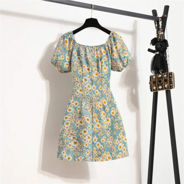 Women Mini Dresses Summer Fashion Female Vestidos Print Floral Chiffon Dresses Shirring Pleated Short Puffy Sleeve Casual Dress - Image 4
