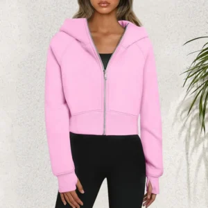 Women Fall Winter Coat Hooded Zip Up Soft Plush Loose Thick Cardigan Elastic Glove Cuff Sleeve Cropped Sweatshirt Hoodie Jacket