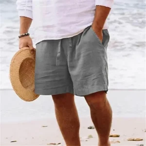 Men's Summer Cotton and Linen Shorts Draw Rope Elastic Waist Straight Leg Solid Color Breathable Daily Beach Quarter Pants