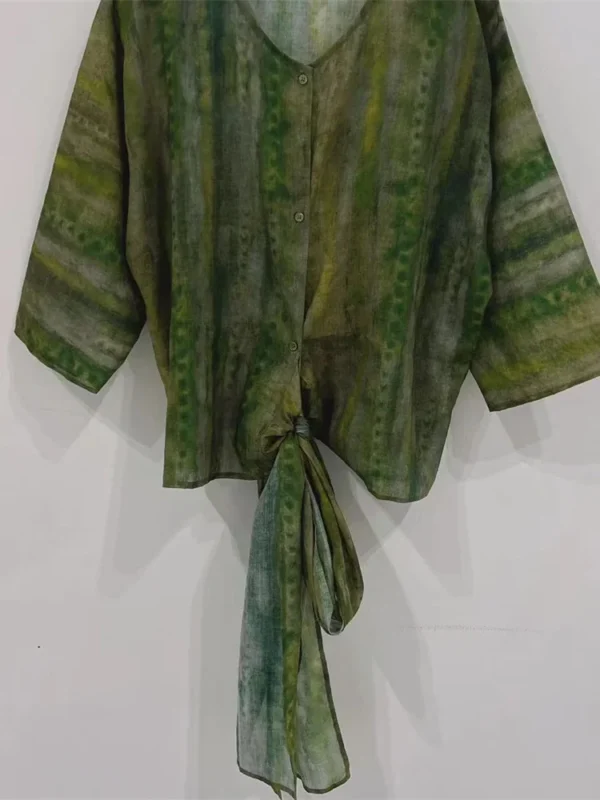 100% Ramie Shirt Women's Half Sleeve V-neck Green Printing Summer 2025 Lace-up Loose Female Blouse - Image 2