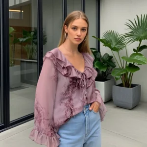 2025 Ladies Blouse with Ruffled Collar and Cuffs Snake - print Design and Front Button - tie Detail for Casual and Office Wear