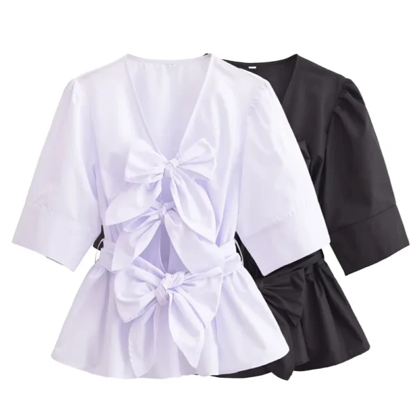 UNIZERA women's V-neck bubble sleeve lace up shirt top decoration for spring and summer new casual women's wear