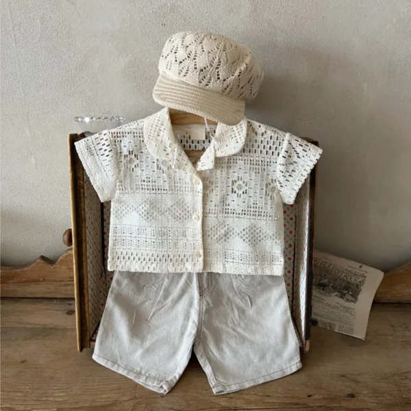2025 Summer New Baby Girl Hollow Lace Shirts Infant Boys Short Sleeve Shirts Kids Lapel Tops Cotton Toddler Clothes - Image 5