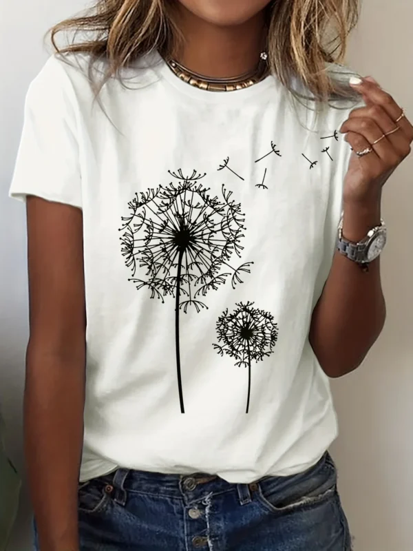 Dandelion Print Crew Neck T-Shirt, Casual Short Sleeve Top For Spring & Summer, Women's Clothing - Image 3