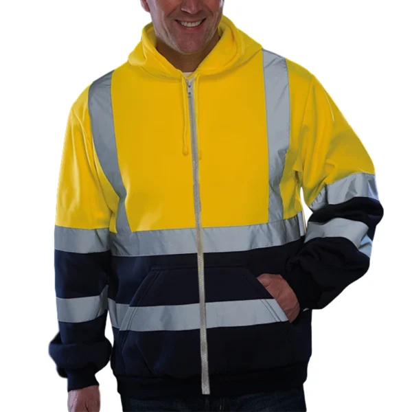 Mens High Visibility Jacket Long Sleeve Zipper Hooded Coat Hi-Vis Safety Reflective Sweatshirt - Image 3