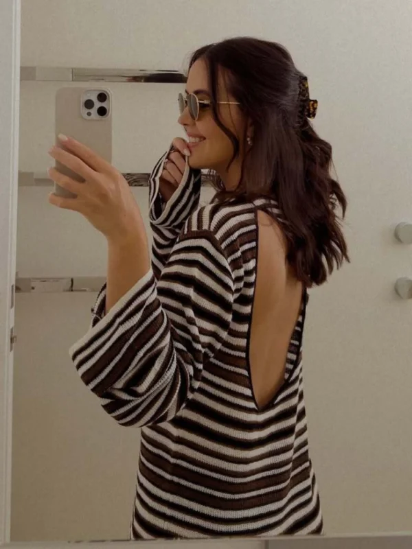 Summer Striped Knitted Sexy Mini Beach Dress for Women Sheer Hollow Out Backless Dress Lady Bohemia Holidays Party Dresses 2025 - Image 6