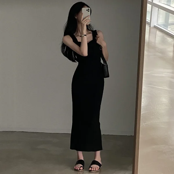 CIBBAR Basic Knit Long Dress Korean Fashion Square Collar Sleeveless Women's Dresses Summer Casual Y2k Vintage All-match Outftis - Image 5