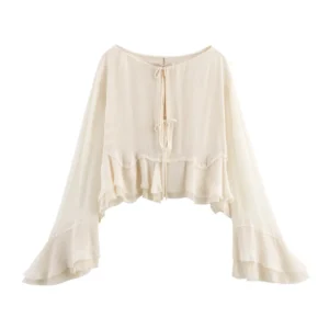 ZBZA Women's Layered Lace-up Shirt Round Neck Trumpet Sleeve Loose Hem Top Spring Summer New Casual Solid Color Chic Cardigan