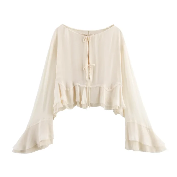 ZBZA Women's Layered Lace-up Shirt Round Neck Trumpet Sleeve Loose Hem Top Spring Summer New Casual Solid Color Chic Cardigan