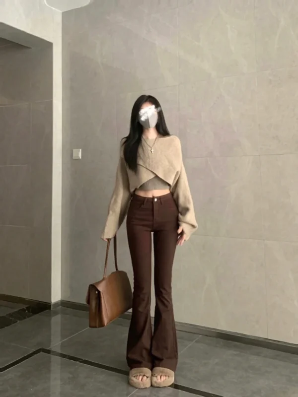 50 Short Man Brown Slightly Pull Jeans Women Gyaru Elastic Height Shoe Pants Autumn And Winter Xs Mop - Image 2