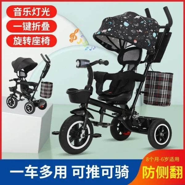 Children's Tricycle Bicycle 1-3 To 6 Years Old Foldable Baby Stroller with Canopy - Image 2