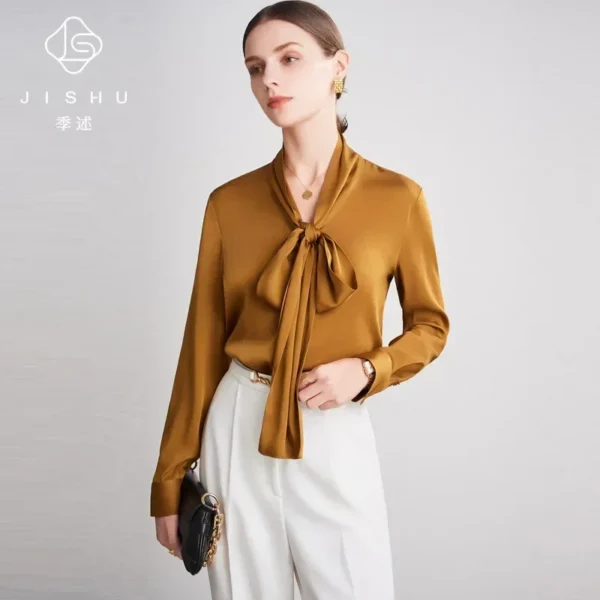 Silk Shirt Women's Thick Temperament Streamer 2024 Spring and Summer New Mulberry Silk Lace-up Design Shirt Long-sleeved Top - Image 3