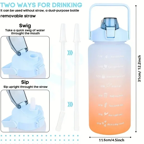 2L Water Bottle With Time Marker Motivational Reusable Fitness Sports Outdoors Travel Leakproof Free Frosted Plastic - Image 3