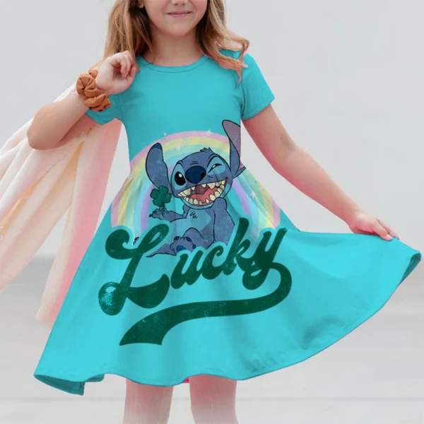 Summer New Children's Clothing 3d Printed Romantic Stitch Cute Girl Short-Sleeved Dress 3-14 Years Old Kids Performance Clothing - Image 3