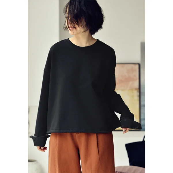 MICOCO T2207C New Chinese satin splicing loose drawstring short round neck long sleeve T-shirt woman - Image 4