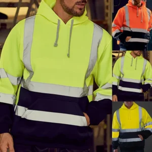 Men Reflective Sweatshirt High Visibility Pullover Top Long Sleeve Hoodie Coat Men Hoodie Hooded Pullover Work Safety Coat