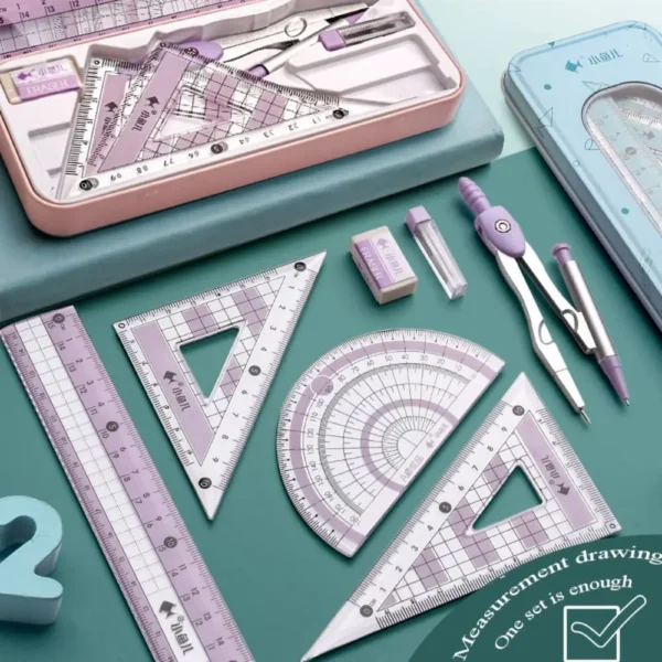 7/8pcs High Quality Transparent Ruler Compass Set with Signing Pen Eraser Compass Kit Straight Ruler Protractor Students - Image 2