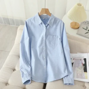 Casual Cotton Women's Oxford Shirt 2022 Autumn New Good Quality Woman Blouse and Tops Lady White Blue Striped Shirts Clothes