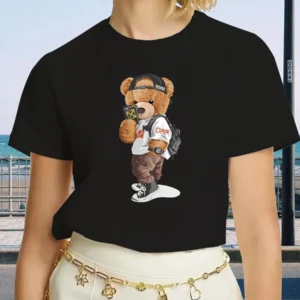 Luxury Brand Fashion Black Selfie Bear Printed Crew Neck Clothing Short Sleeve T-Shirt Trend Women's Summer Y2K Top