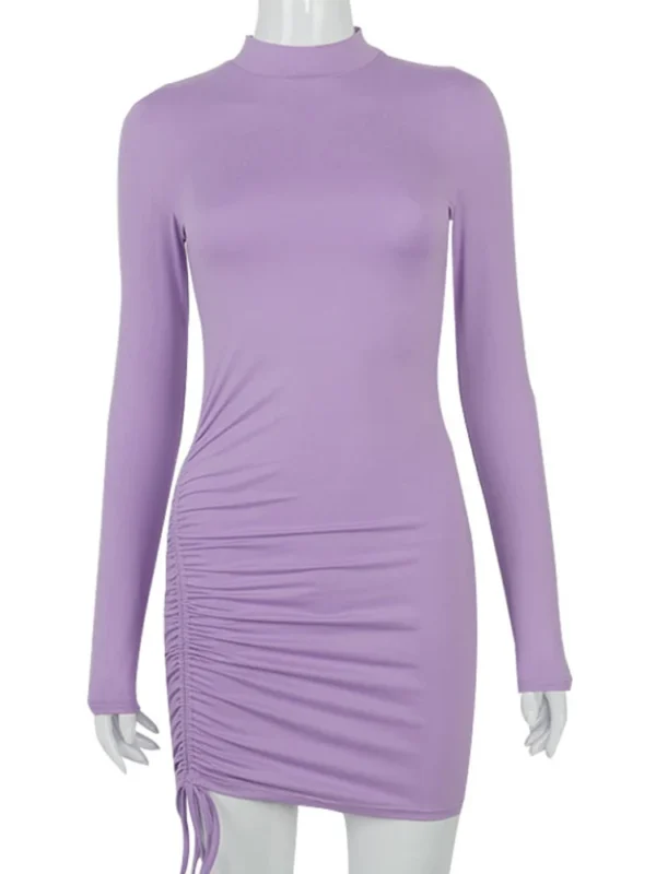 Long Sleeve Ruched Bodycon Dress Women Turtleneck Bandage Mini Dresses Autumn Black Skinny Stretchy Party Vestidos - Image 5