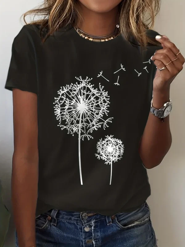 Dandelion Print Crew Neck T-Shirt, Casual Short Sleeve Top For Spring & Summer, Women's Clothing - Image 2