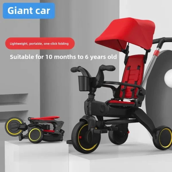 Foldable Three-Wheel Children's Bicycle with Sunshade Baby Pedal Car Stroller for 1-6 Years Old Kids Portable Outdoor Toy