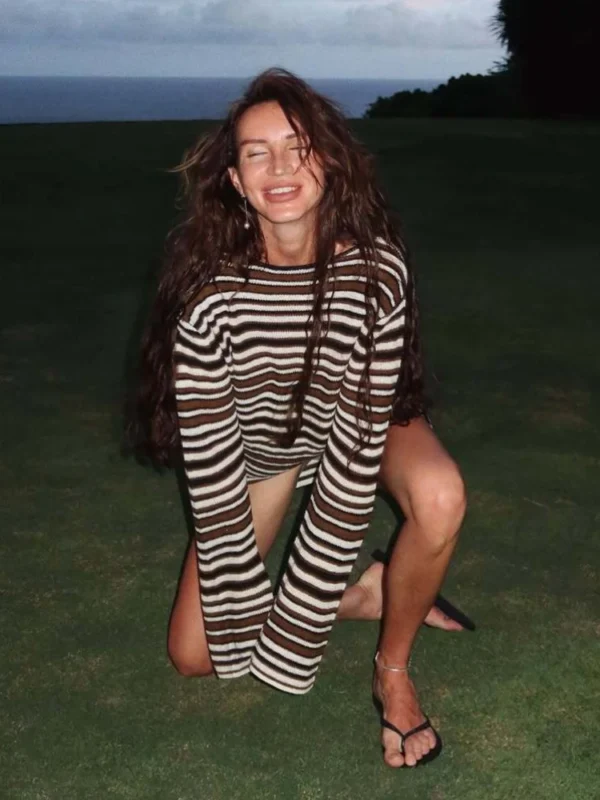Summer Striped Knitted Sexy Mini Beach Dress for Women Sheer Hollow Out Backless Dress Lady Bohemia Holidays Party Dresses 2025 - Image 3