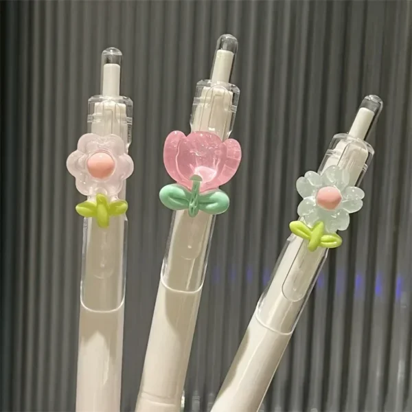 2 Pcs Kawaii Florid Gel Pens Black Ink Aesthetic Accessories Write Smoothly School Supplies Japanese Cute Stationery - Image 4