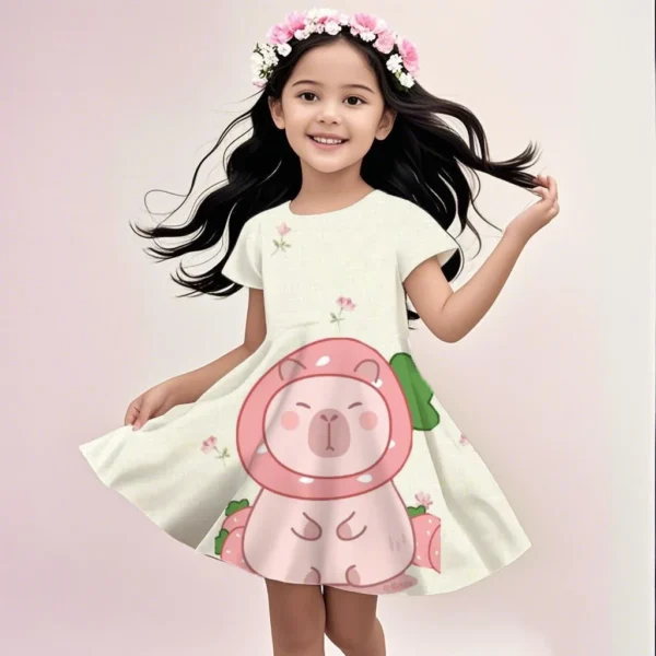 MINISO Summer Dress Fashion Cartoon Cute 3D Printing Dress Kid Short Sleeve Princess Clothing The Capybara Cartoon Is Cute - Image 6