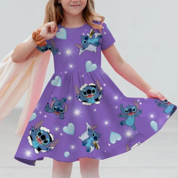 Summer New Children's Clothing 3d Printed Romantic Stitch Cute Girl Short-Sleeved Dress 3-14 Years Old Kids Performance Clothing - Image 2