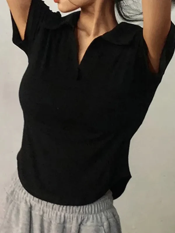 Summer Short Sleeve Lapel Top Women'S Solid V-Neck Pullovers Retro Sweet Shirts Hot Girl Crop Top Female Slim Versatile Tee - Image 2