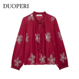 DUOPERI Women Fashion Embroidery Lace Up Blouse Vintage O-Neck Long Sleeves Female Chic Lady Shirts