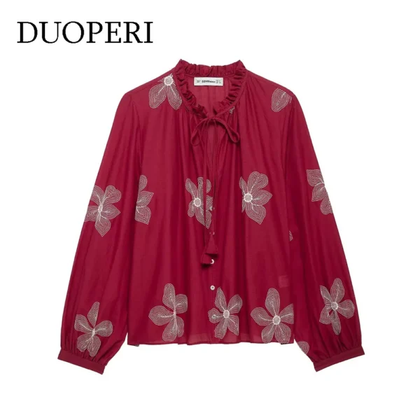 DUOPERI Women Fashion Embroidery Lace Up Blouse Vintage O-Neck Long Sleeves Female Chic Lady Shirts