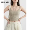 CHIC VEN Women Tank Solid Slim Minimalist U-neck Female Suspender High Elasticity Short Vest With Chest Pad Summer Clothing 2024