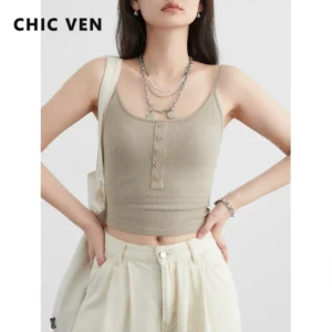 CHIC VEN Women Tank Solid Slim Minimalist U-neck Female Suspender High Elasticity Short Vest With Chest Pad Summer Clothing 2024