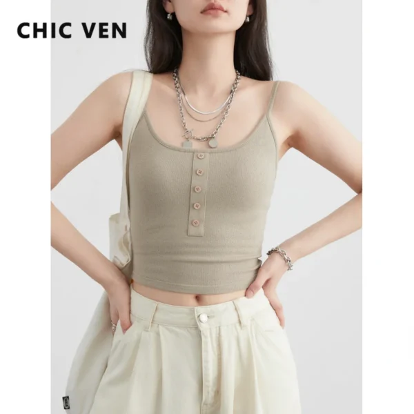 CHIC VEN Women Tank Solid Slim Minimalist U-neck Female Suspender High Elasticity Short Vest With Chest Pad Summer Clothing 2024