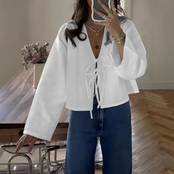 Elegant Long Sleeve V-Neck Solid Color Women's Shirt With Belt Cross-Border European And American Style For Commuting - Image 4