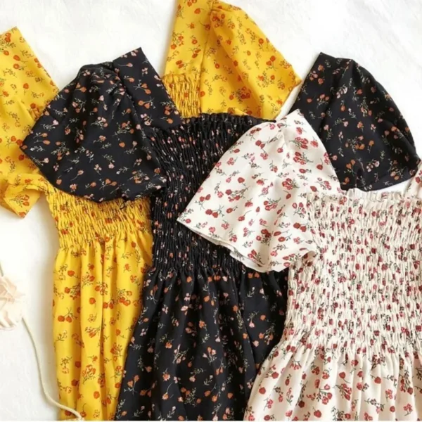 Spring Summer Chiffon Dress Women Midi DressesFemale Short Sleeve Elastic Waist Printed Floral Pleated Backless Casual Dress - Image 2
