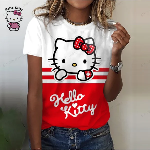 2023 Summer Cute Ladies T-Shirt 3D Printing Sexy Hello Kitty Cartoon T-Shirt Ladies Top Funny Clothing Round Neck Short Sleeve