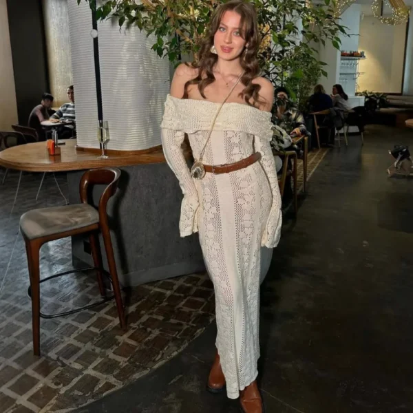 Apricot Knitted Long Dress for Women Sexy Off The Shoulder Slim Beach Holiday Dresses Elegant Long Sleeve Summer Dress 2025 - Image 3