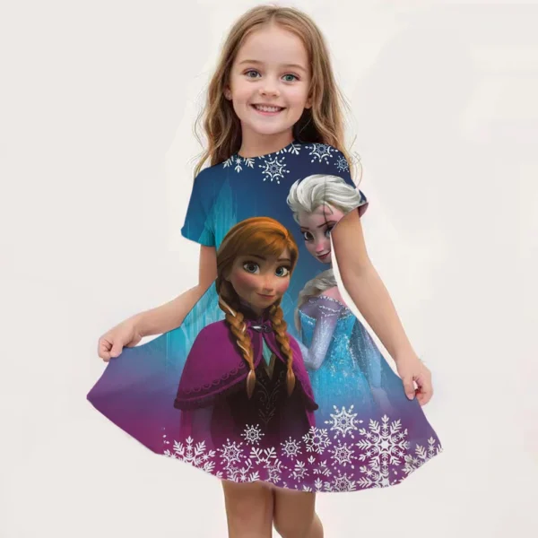 2024 MINISO New Summer Girls Queen Elsa Dress Fashion Cartoon Cute 3D Printing Dress Kid Short Sleeve Princess Frozen Clothing - Image 2