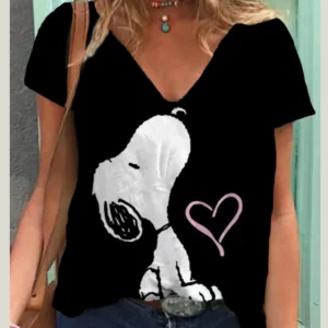 Fashion Snoopy Print Casual V-neck Top Tee Shirt Women Black White T-shirtWomen T Shirt Harajuku Short Sleeves T shirts