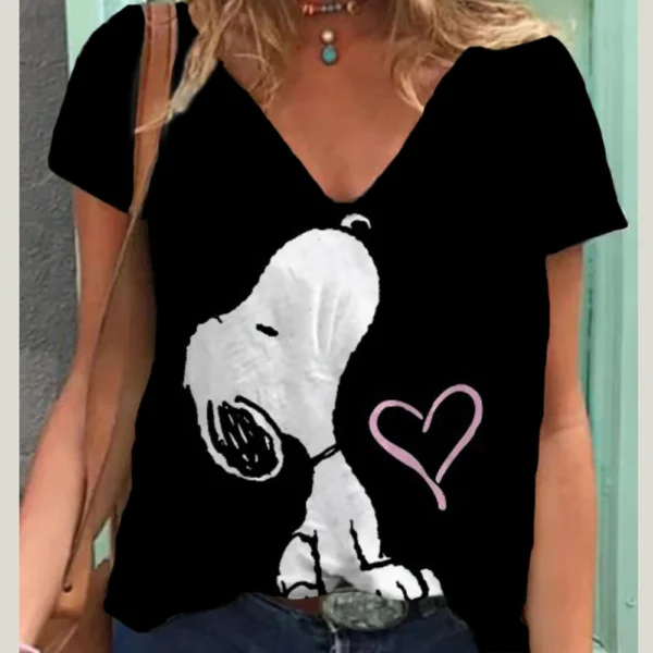 Fashion Snoopy Print Casual V-neck Top Tee Shirt Women Black White T-shirtWomen T Shirt Harajuku Short Sleeves T shirts