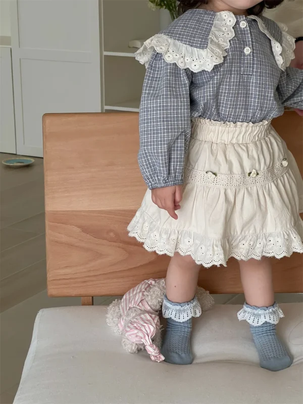 2025 Spring New Baby Girl Long Sleeve Plaid Shirts Kids Girls Lace Large Lapel Blouse Infant Cotton Tops Children Clothes - Image 6