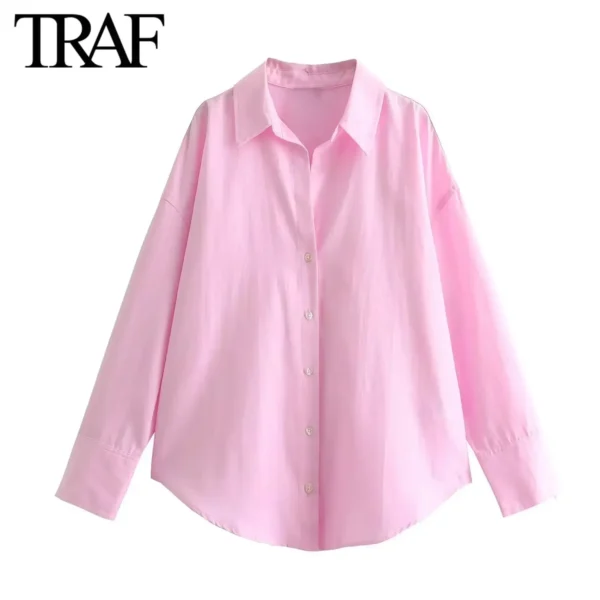 TRAF Women Fashion Long Sleeve Single-breasted Lapel Cotton Oxford Blouse Street Clothing Shirt Chic Ladies Crop Tops Mujer - Image 2